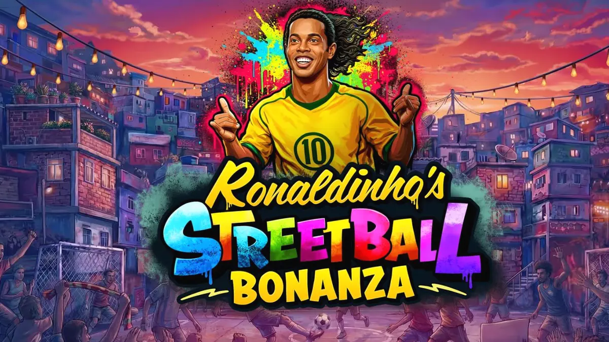 Tampilan visual slot Ronaldinho’s Streetball Bonanza dengan tema sepak bola jalanan Brasil.