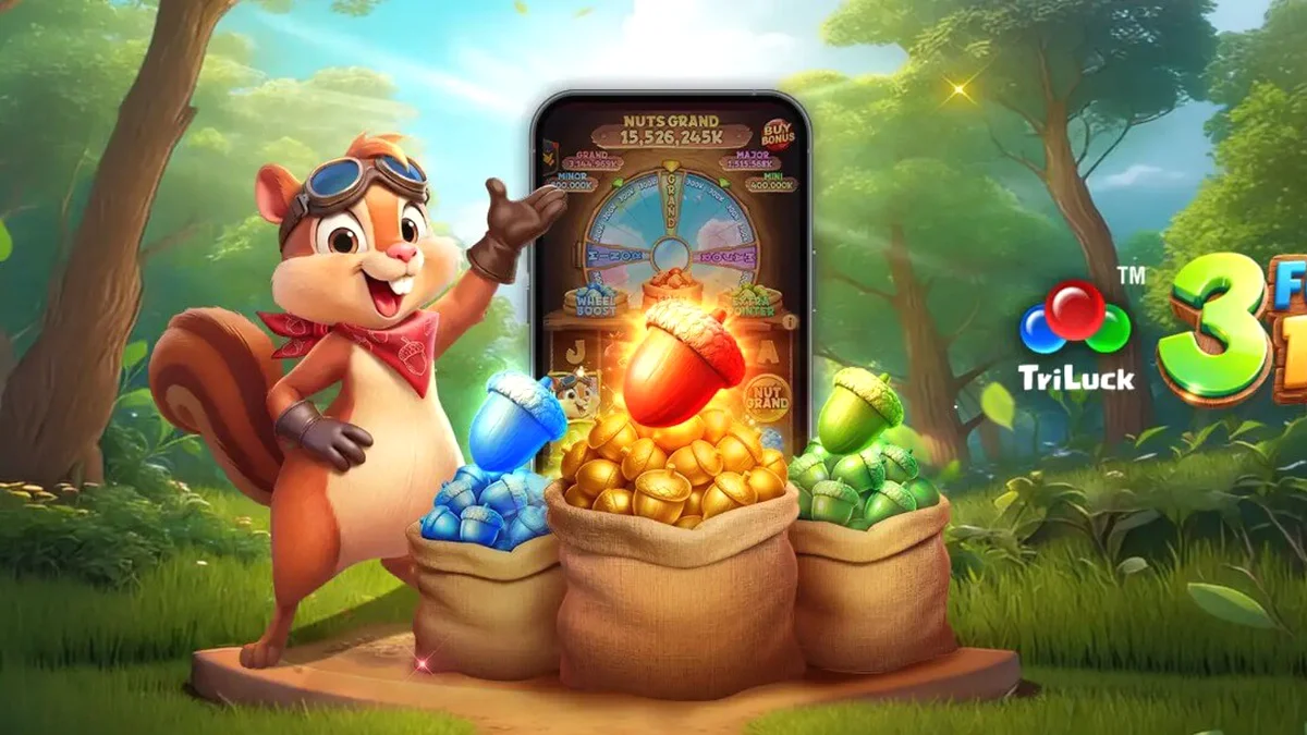Tampilan visual slot 3 Fortune Nuts dengan tema hutan dan tupai